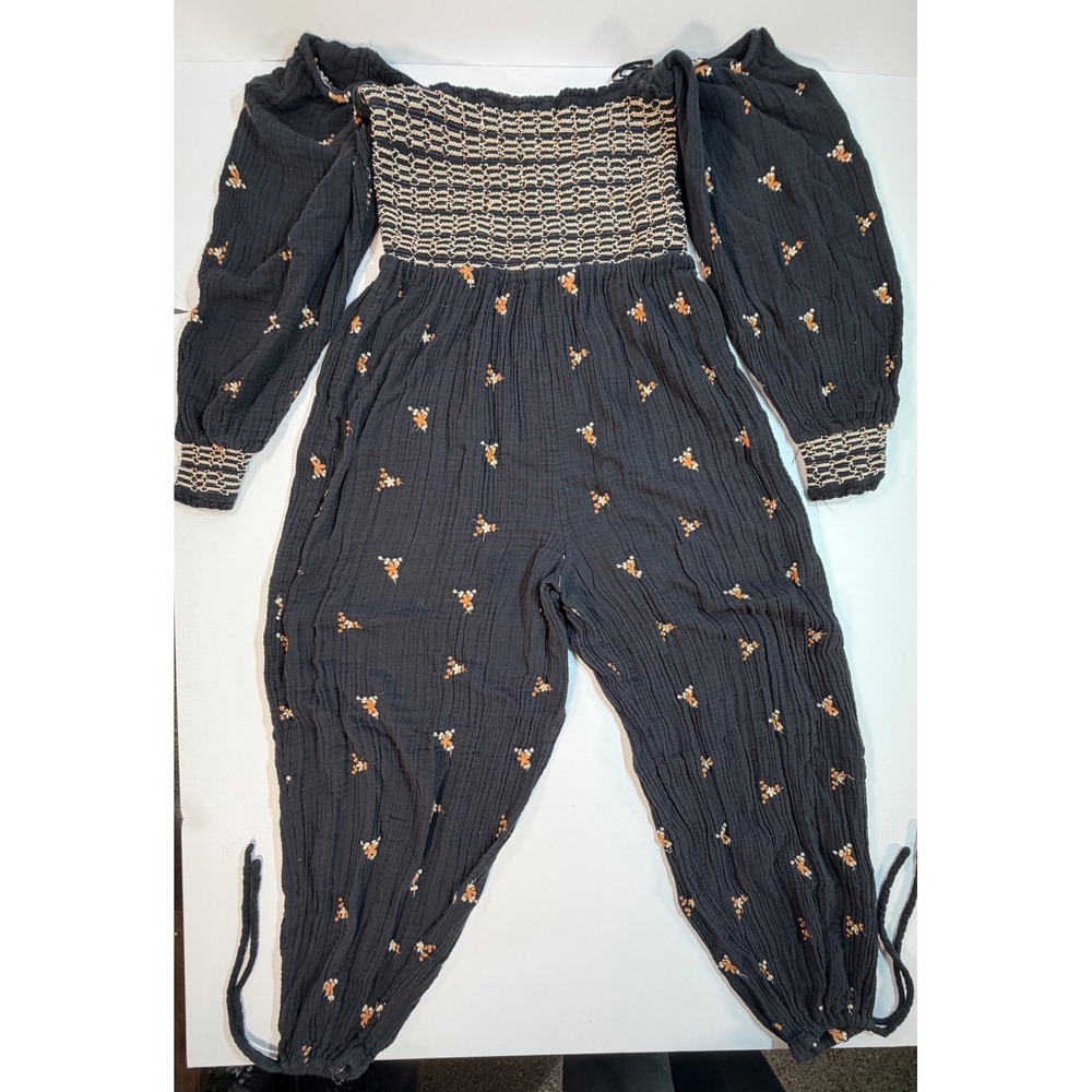 Free People Black Floral Smocked Gauze Jumpsuit XL Boho Long Sleeve Tie Cuff